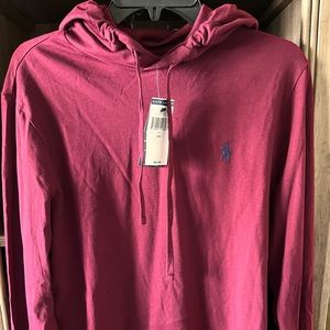 Burgundy tee shirt hoodie with blue horse